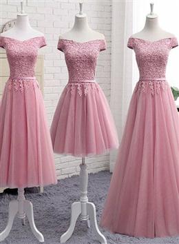 Picture of Pretty Pink Tulle Long Party Dresses , Cute Off Shoulder Bridesmaid Dress